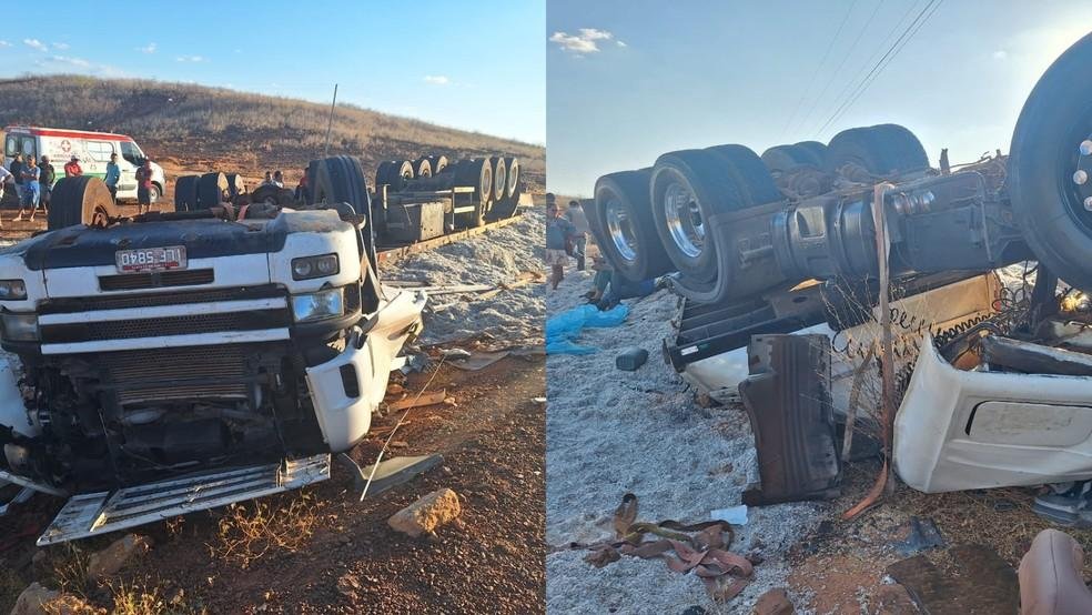Motorista de 22 anos morre e mulher fica ferida após carreta tombar no Piauí