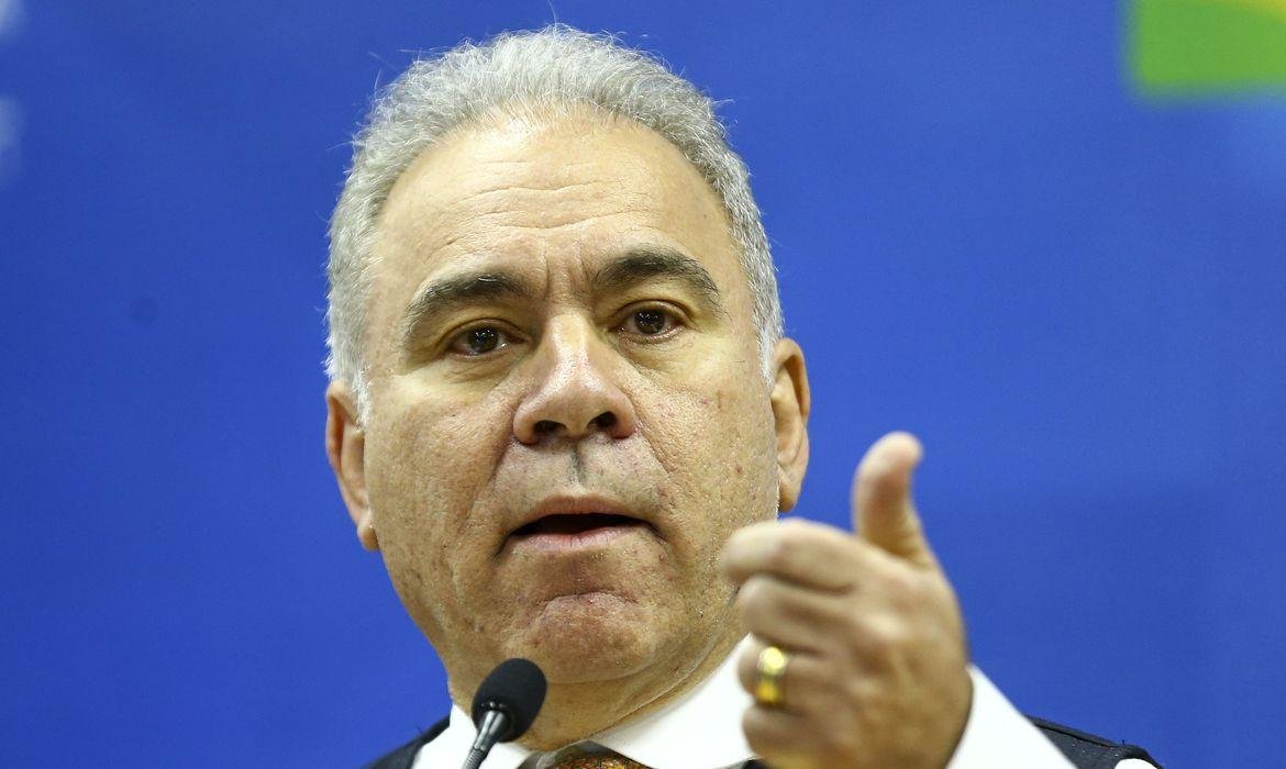O ex-ministro da Saúde, Marcelo Queiroga, durante coletiva de imprensa para explicar o fim da Emergência em Saúde Pública de Importância Nacional (ESPIN) adotada devido à pandemia da Covid-19.