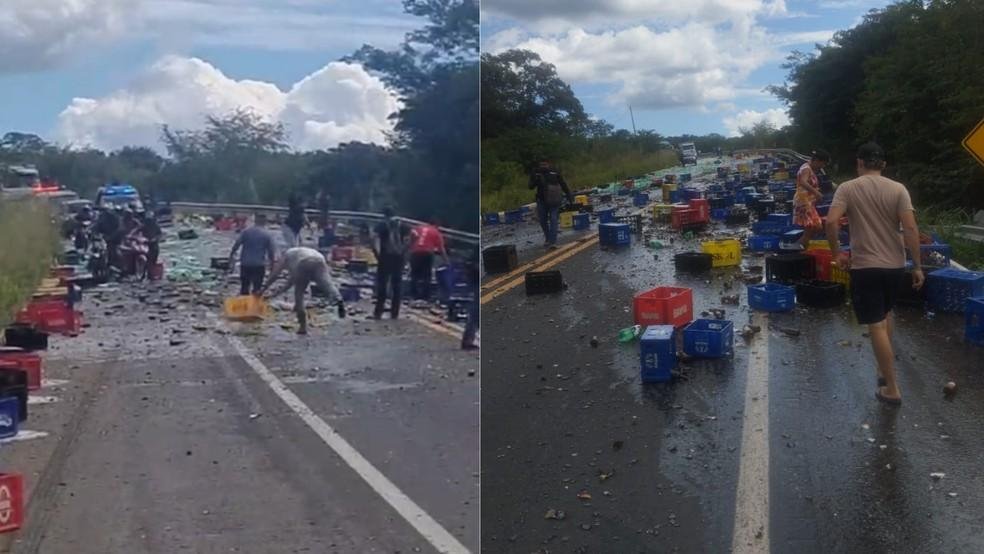 BR-343 fica interditada por cerca de 3 horas após carga de cervejas derramar em curva em Altos, no PI