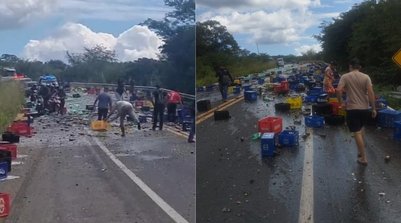 BR-343 fica interditada por cerca de 3 horas após carga de cervejas derramar em curva em Altos, no PI (Foto: Montagem g1)