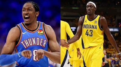 Jalen Williams, do Oklahoma City Thunder e Pascal Siakam, do Indiana Pacers (Foto: Matthew Stockman/Getty Images/AFP e Gregory Shamus / GETTY IMAGES NORTH AMERICA / Getty Images via AFP)