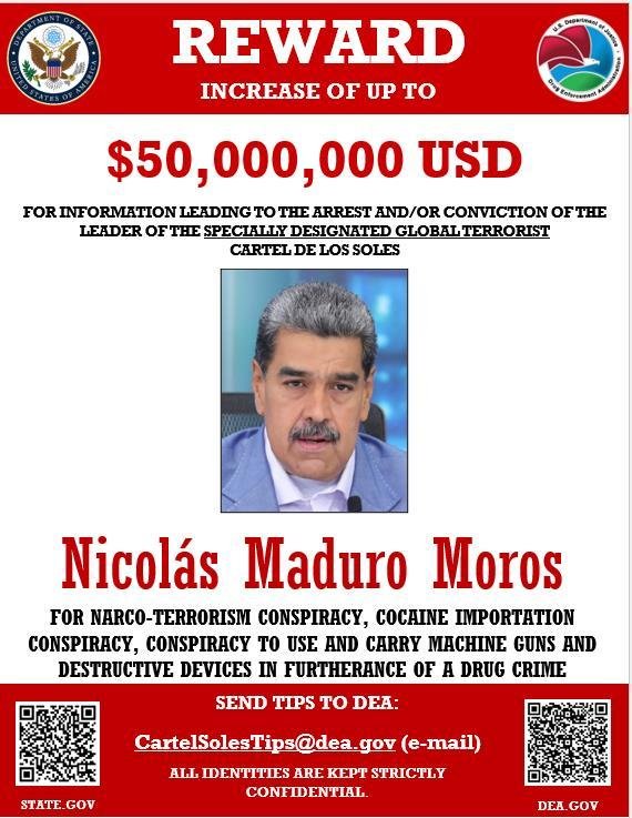 EUA dobram recompensa por prisão de Maduro, que passa de R$ 270 milhões