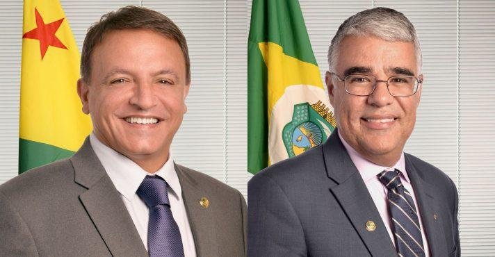 Os senadores Marcio Bittar (União-AC; à esq.) e Eduardo Girão (Novo-CE. à dir.), que pediram informações sobre o avião russo