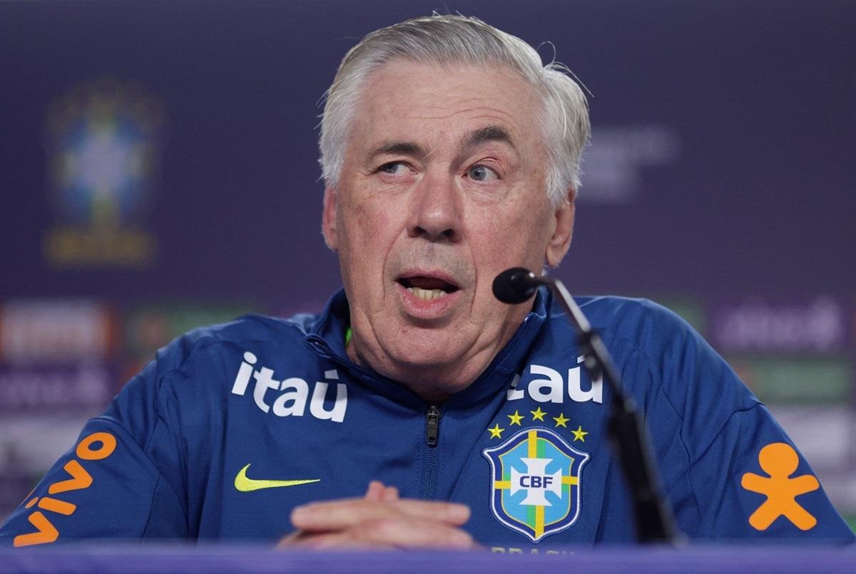 Futebol - Copa do Mundo - Eliminatórias da CONMEBOL - Brasil Coletiva de Imprensa - Granja Comary, Teresópolis, Brasil - 3 de setembro de 2025 Técnico da seleção brasileira Carlo Ancelotti durante a coletiva de imprensa REUTERS/Ricardo Moraes