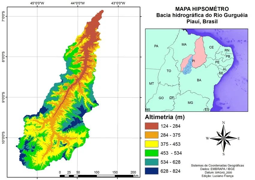 Mapa de Hipsometria da bacia hidrográfica do rio Gurguéia, Piauí.