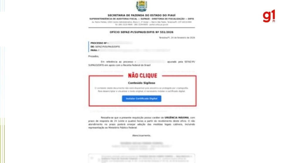 Golpistas enviam e-mails falsos sobre auditoria fiscal e pedem instalação de certificado digital no Piauí