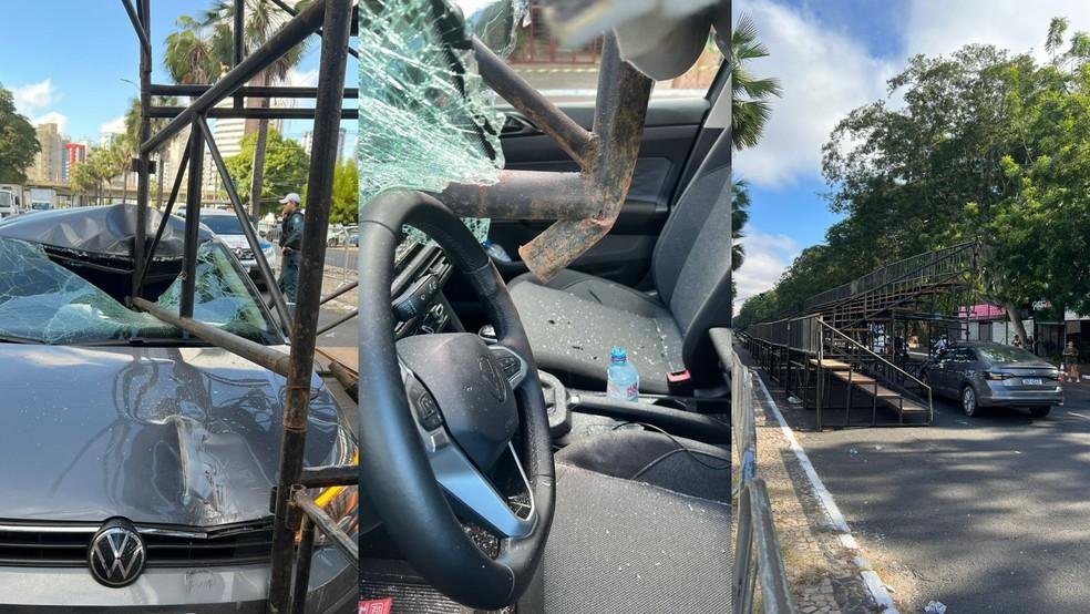 Carro bate em estrutura de arquibancada e motorista quase é atingido por barra de ferro