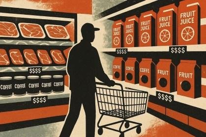 Ilustração de uma pessoa no supermercado com preços altos nos produtos