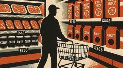 Ilustração de uma pessoa no supermercado com preços altos nos produtos (Foto: Ilustração gerada por IA)