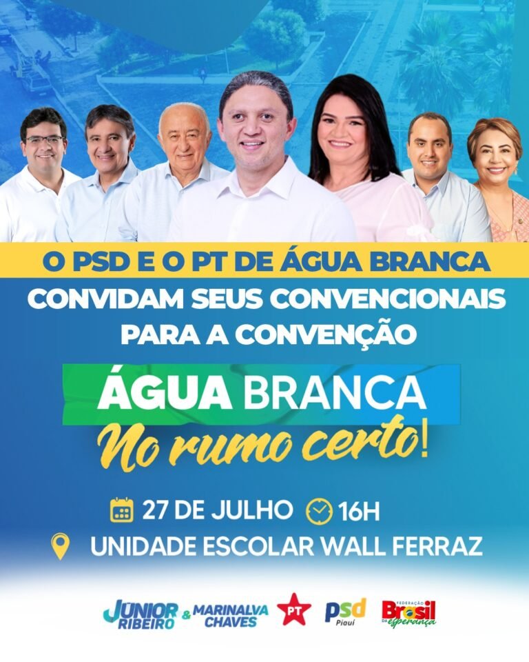 Convenção Partidária de Água Branca acontece neste fim de semana e registra candidaturas de Júnior Ribeiro e Marinalva Chaves